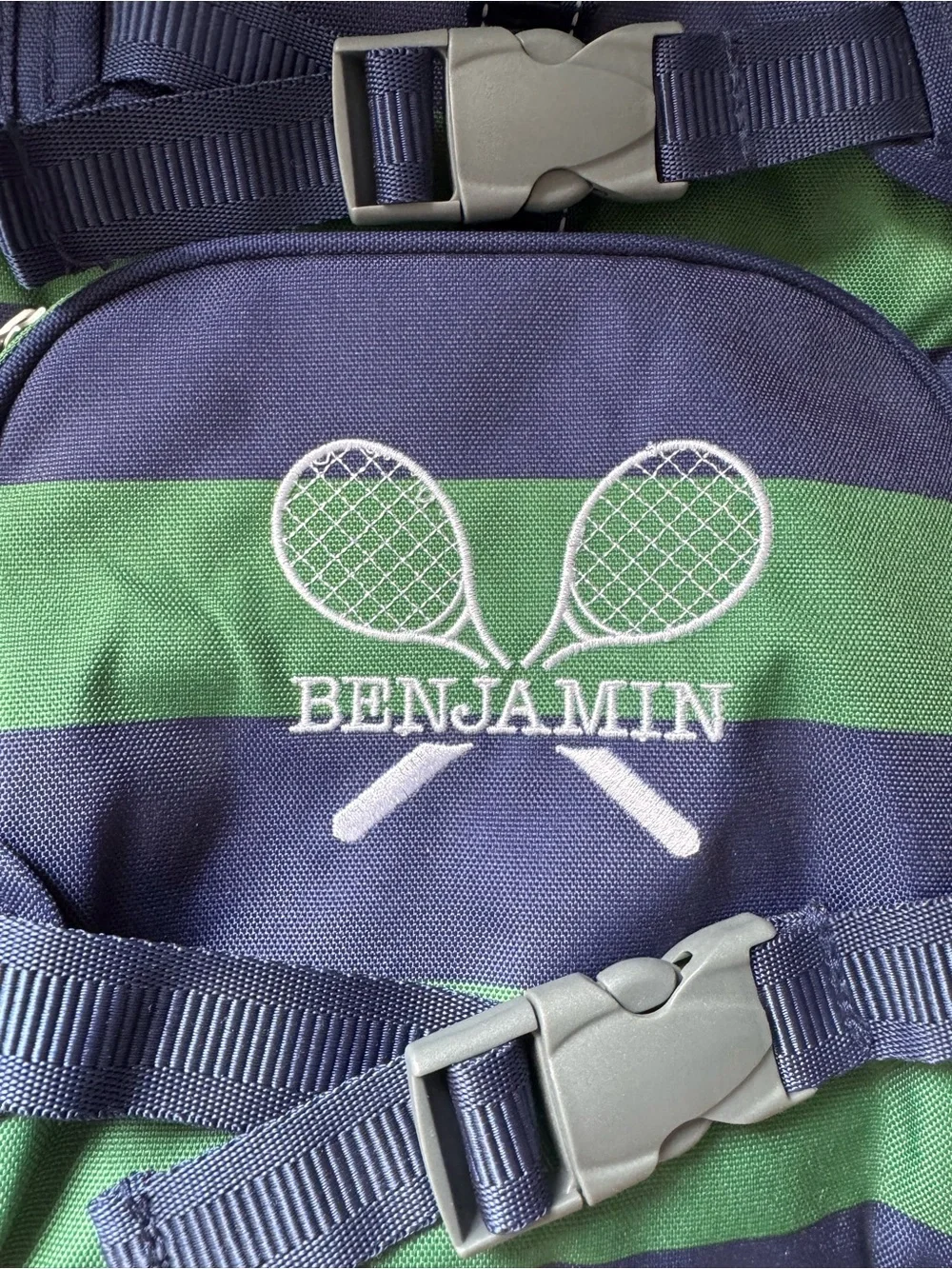 Pottery Barn Kids Navy & Green Striped Backpack with Tennis Graphic